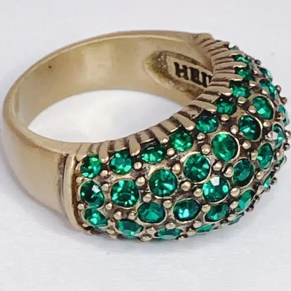 Signed Heidi Daus Gold Tone Green Crystal Dome Cocktail Designer Ring Size 5.75